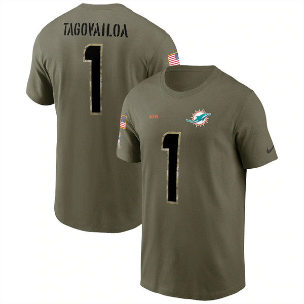 Men's Miami Dolphins #1 Tua Tagovailoa 2022 Olive Salute to Service T-Shirt - Click Image to Close